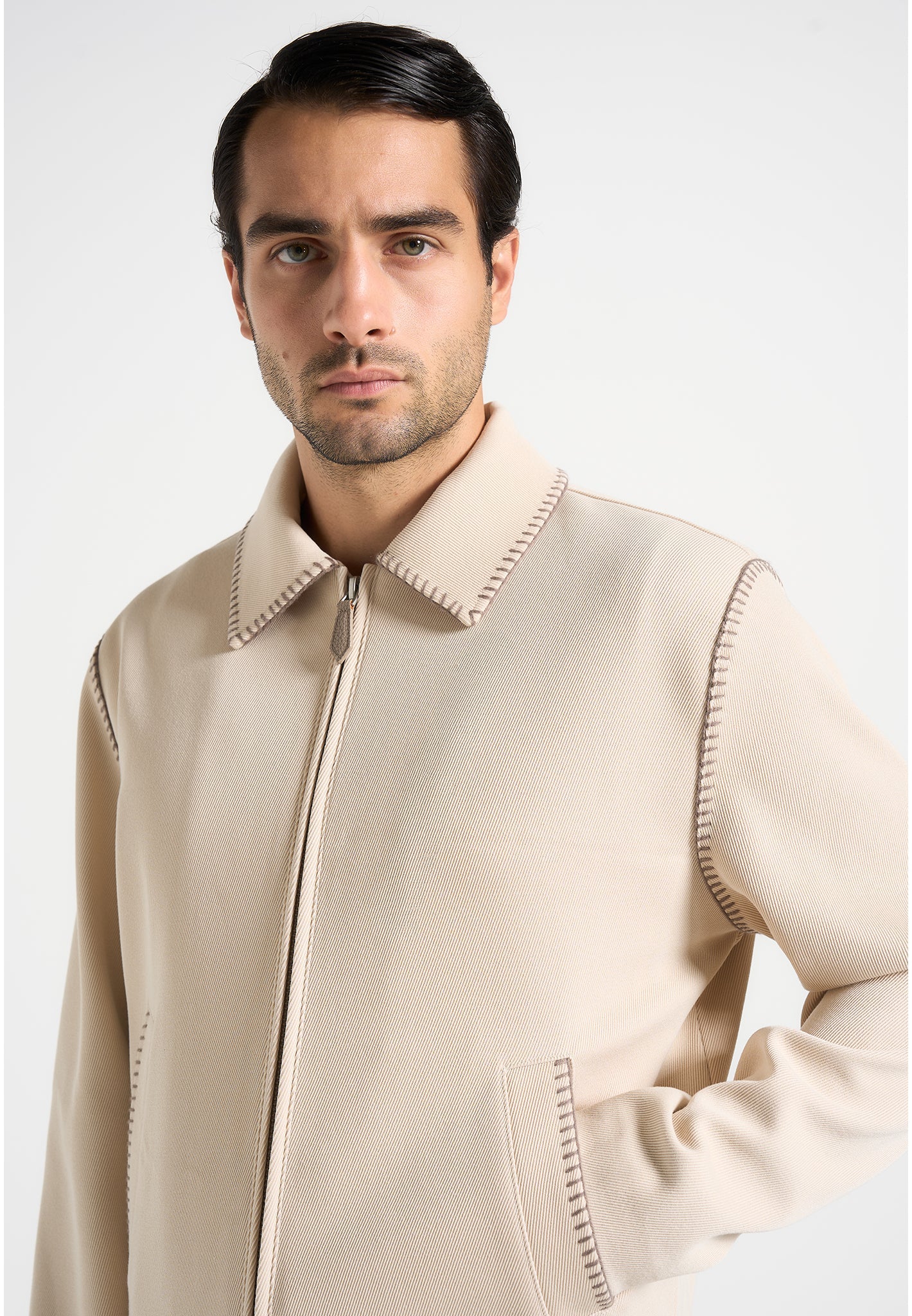 Alex - Whipstitch Twill Boxy Jacket - Cream