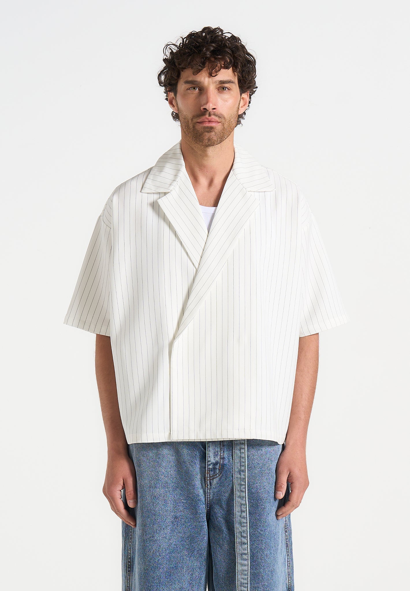 Abel - Boxy Pinstripe Double Breasted Shirt - White