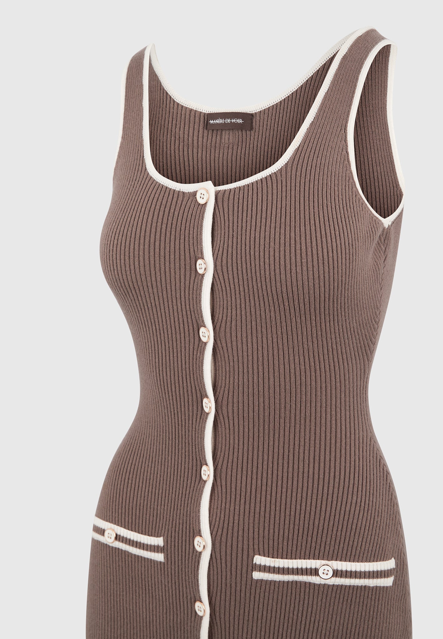 Daphne - Rib Knit Contrast Midaxi Dress - Brown/Cream