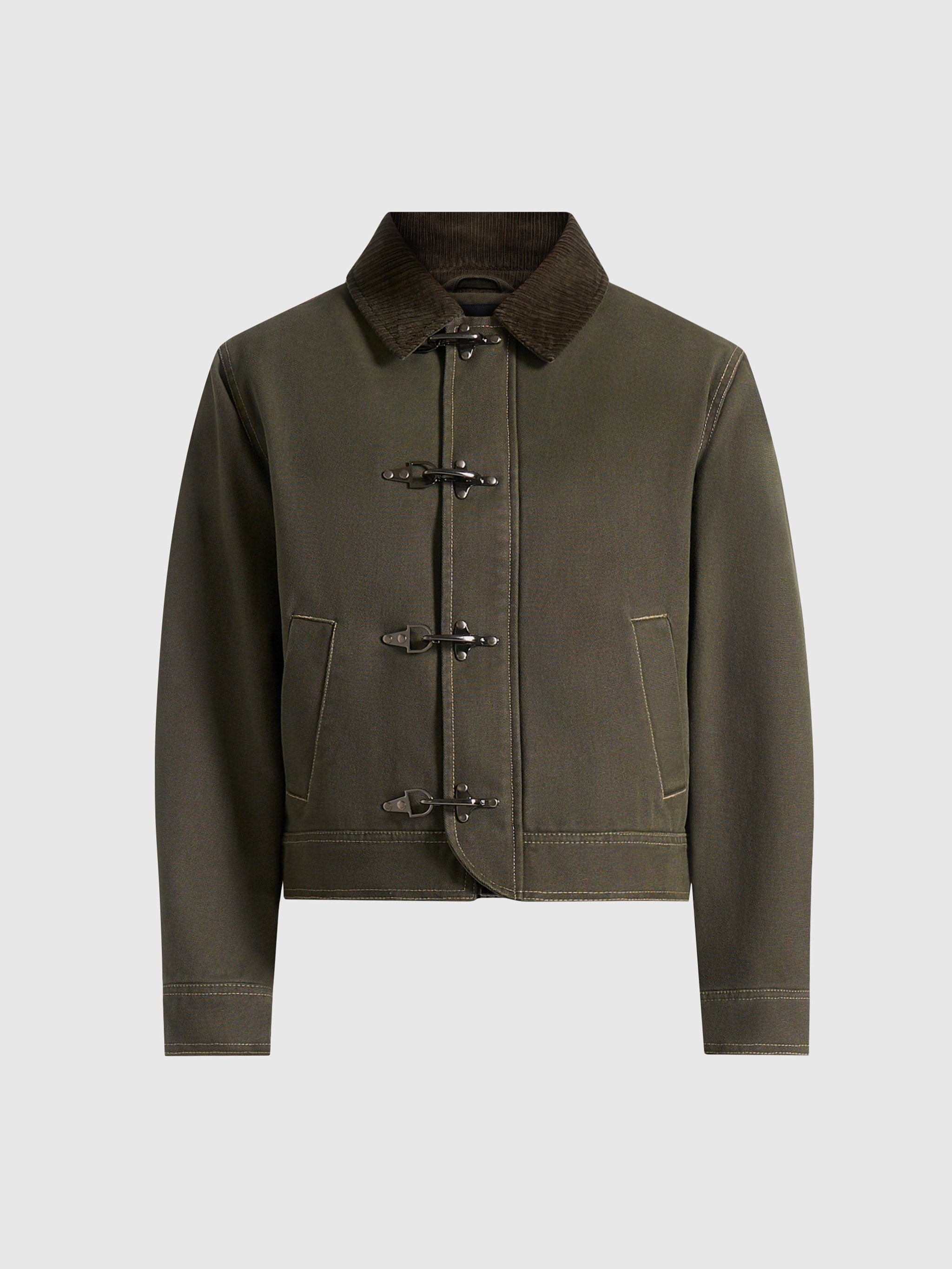 Nino - Clasp Detail Contrast Stitch Gabardine Jacket - Olive