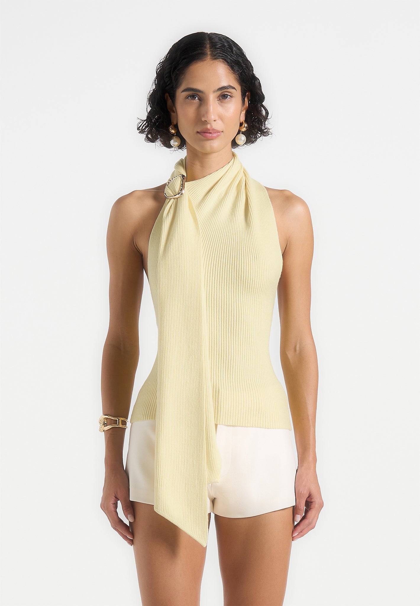 Elodie - Knitted Draped Halterneck Top - Pale Yellow