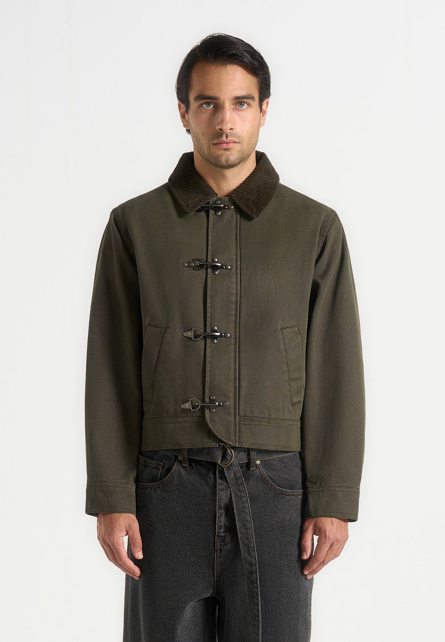 Nino - Clasp Detail Contrast Stitch Gabardine Jacket - Olive