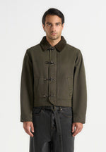 Nino - Clasp Detail Contrast Stitch Gabardine Jacket - Olive
