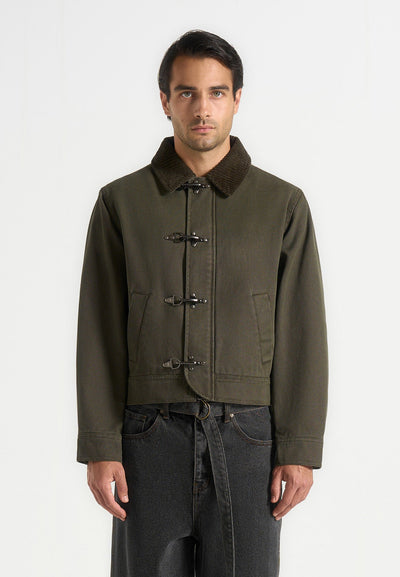 Nino - Clasp Detail Contrast Stitch Gabardine Jacket - Olive