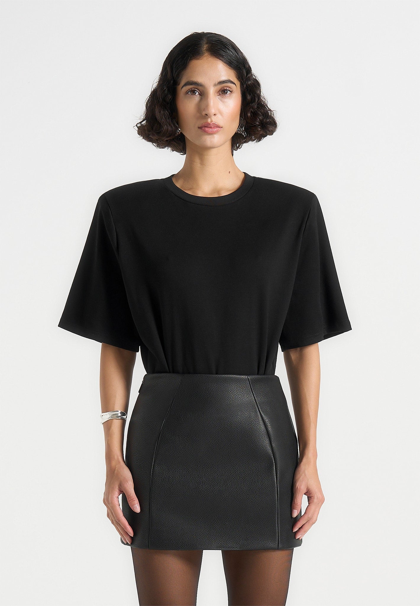 Mia - Wide Shoulder Bodysuit T-Shirt - Black