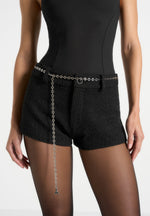 Elina - Tweed Mini Shorts With Belt - Black