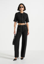 Alba - Tweed Mock Neck Curve Detailing Top - Black