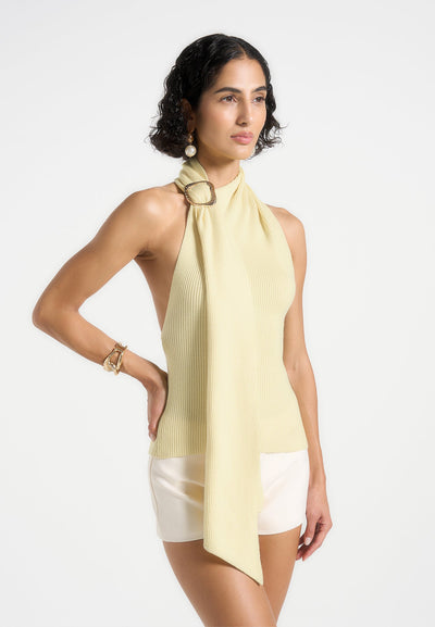 Elodie - Knitted Draped Halterneck Top - Pale Yellow