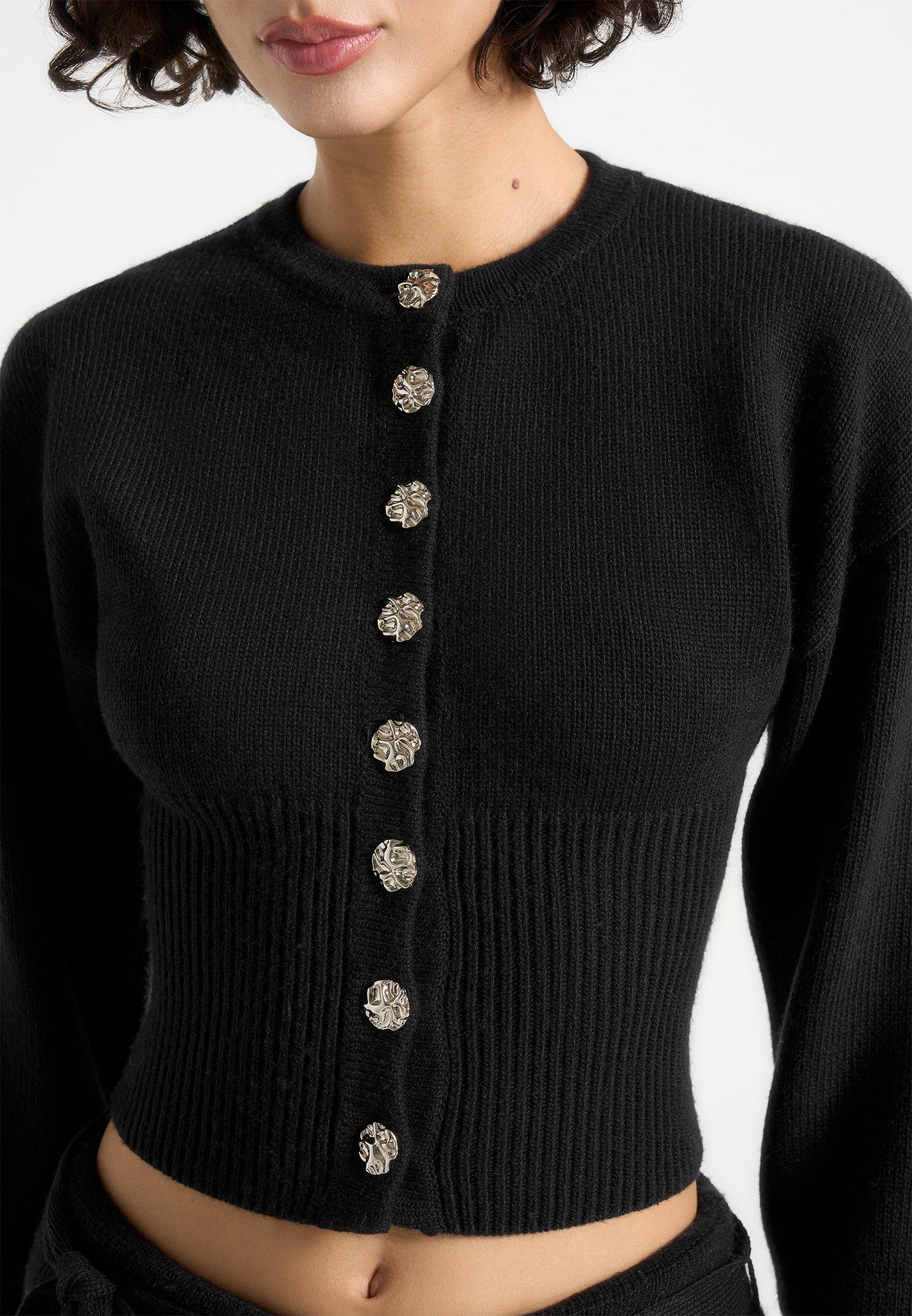 Knitted Cinch Waist Cardigan - Black