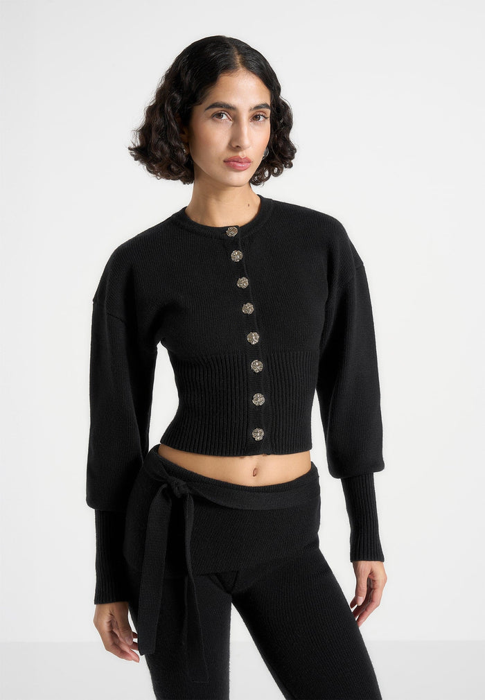 Knitted Cinch Waist Cardigan - Black