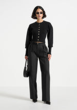 Knitted Cinch Waist Cardigan - Black