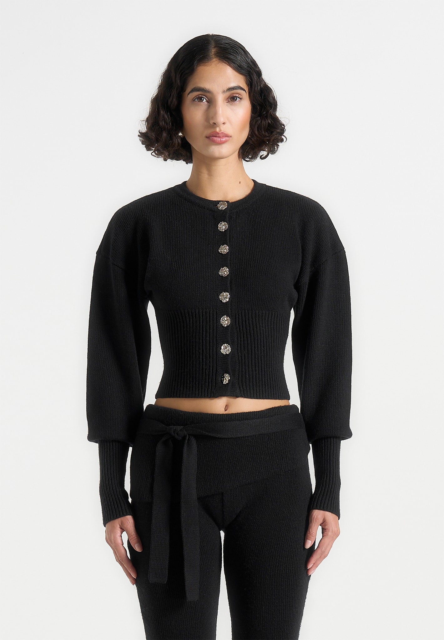 Knitted Cinch Waist Cardigan - Black