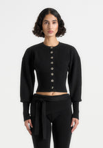 Knitted Cinch Waist Cardigan - Black