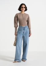 Knitted Cinch Waist Cardigan - Taupe