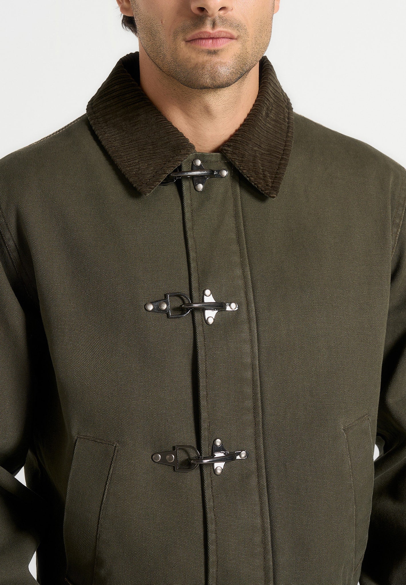 Nino - Clasp Detail Contrast Stitch Gabardine Jacket - Olive