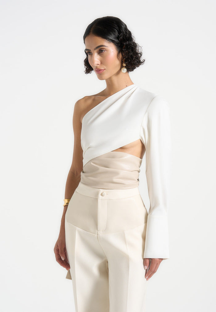 Coralie - One Sleeve Leather Wrap Top - White
