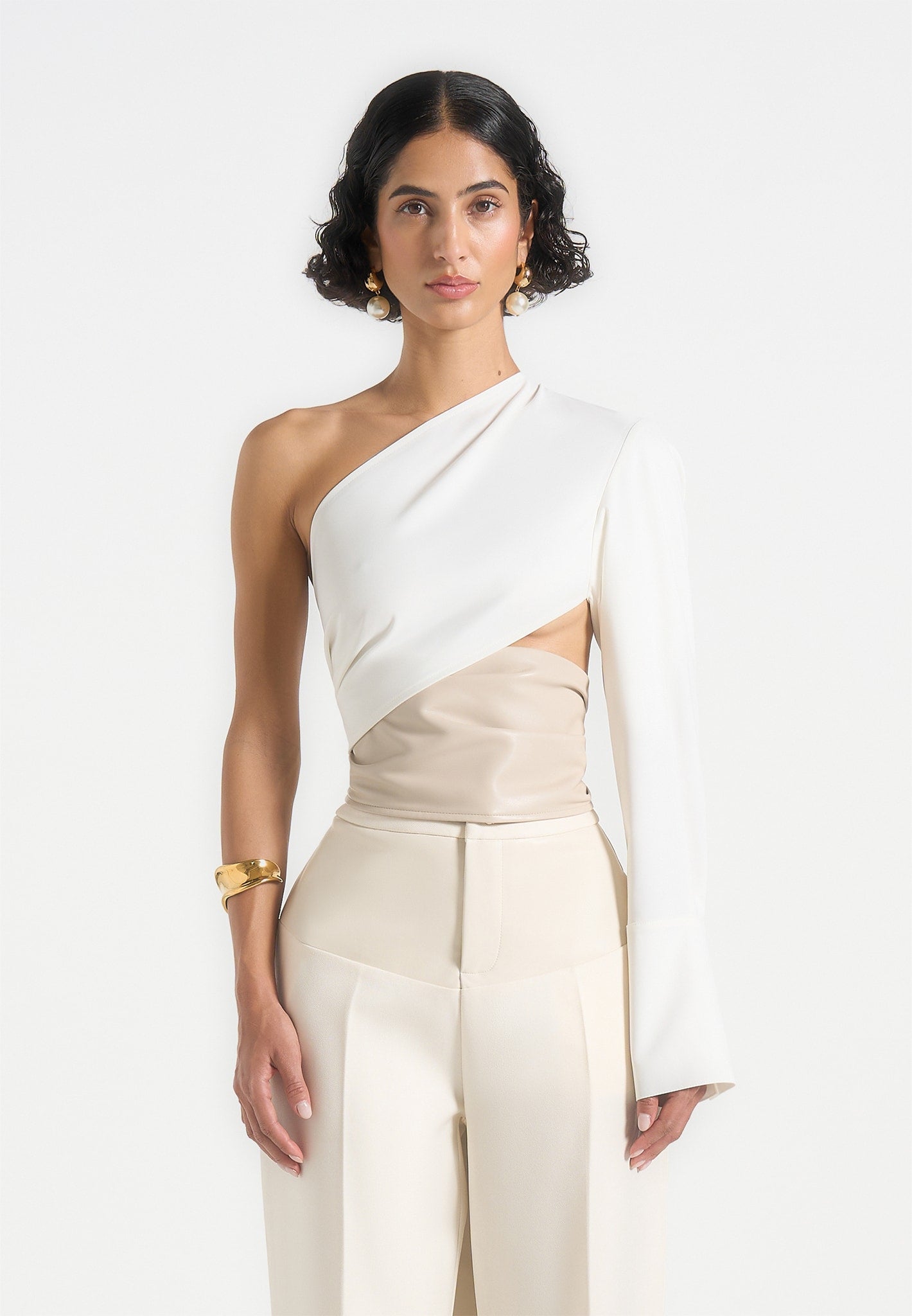 Coralie - One Sleeve Leather Wrap Top - White