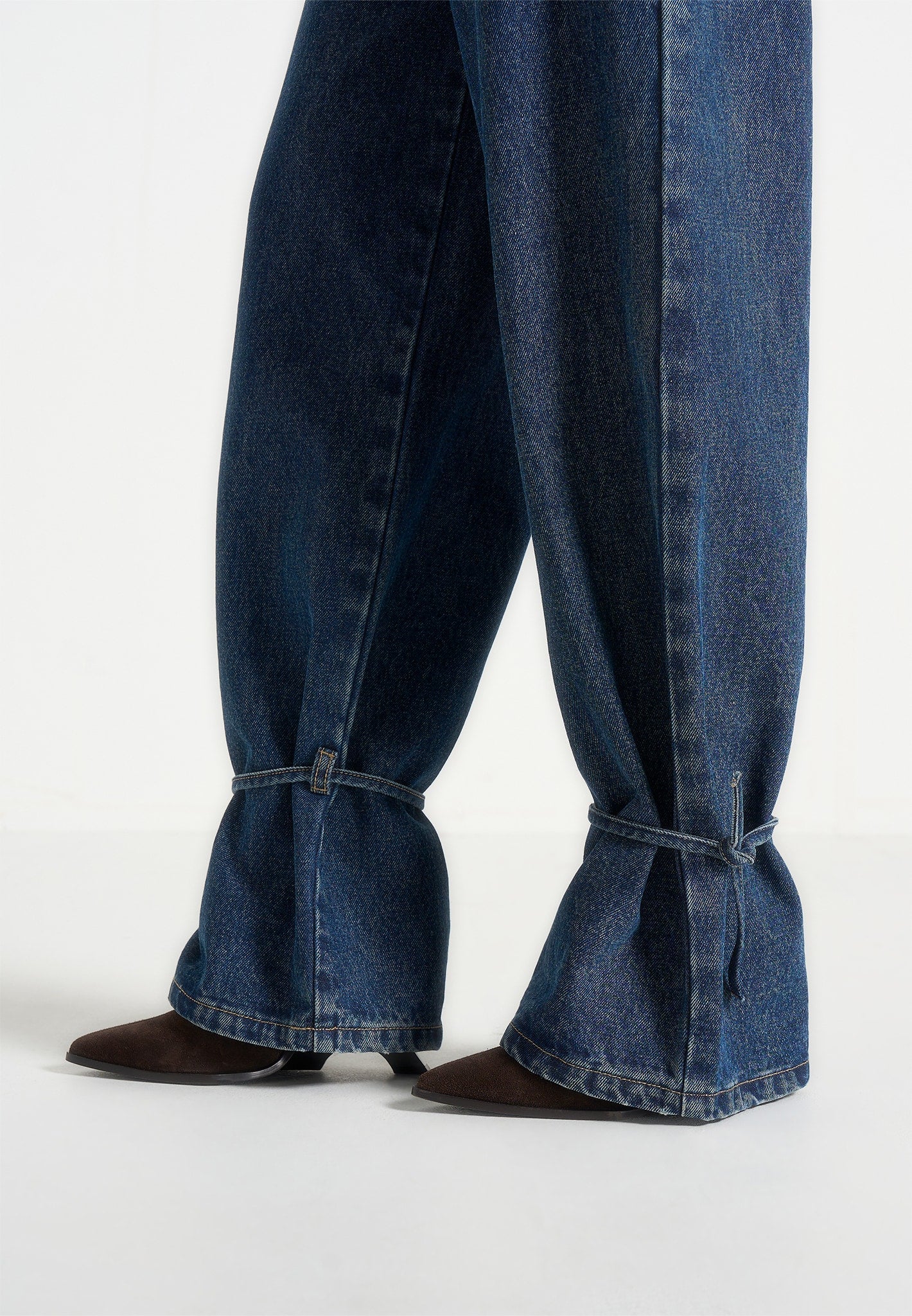Faye - Wide Mid Rise Jeans With Tie Waist - Indigo