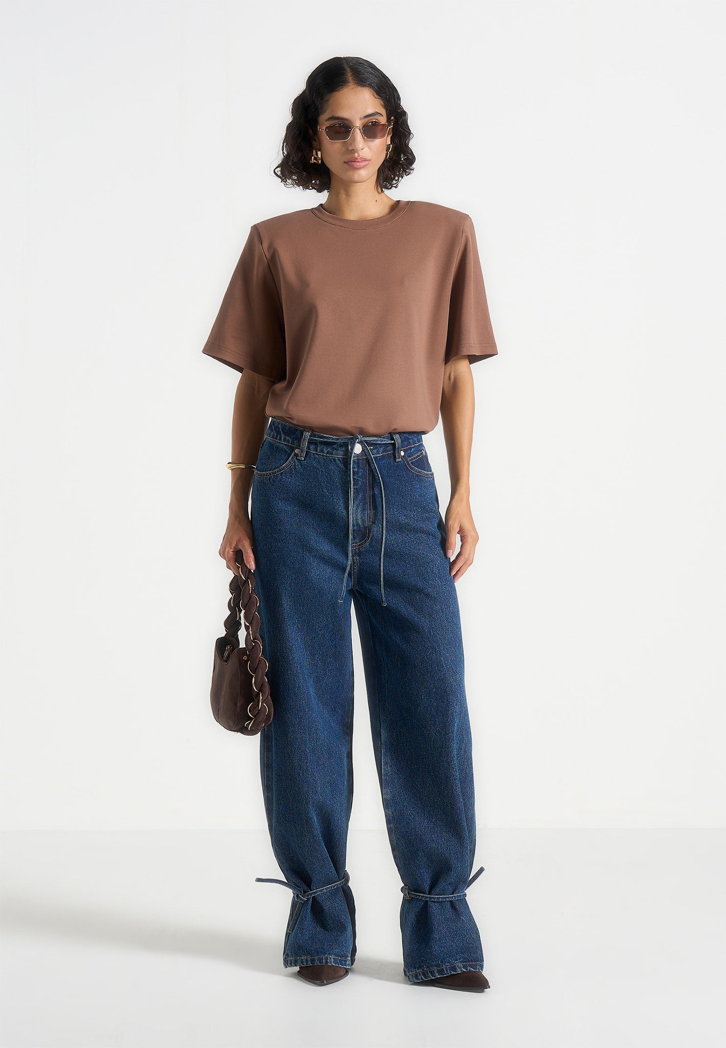 Faye - Wide Mid Rise Jeans With Tie Waist - Indigo