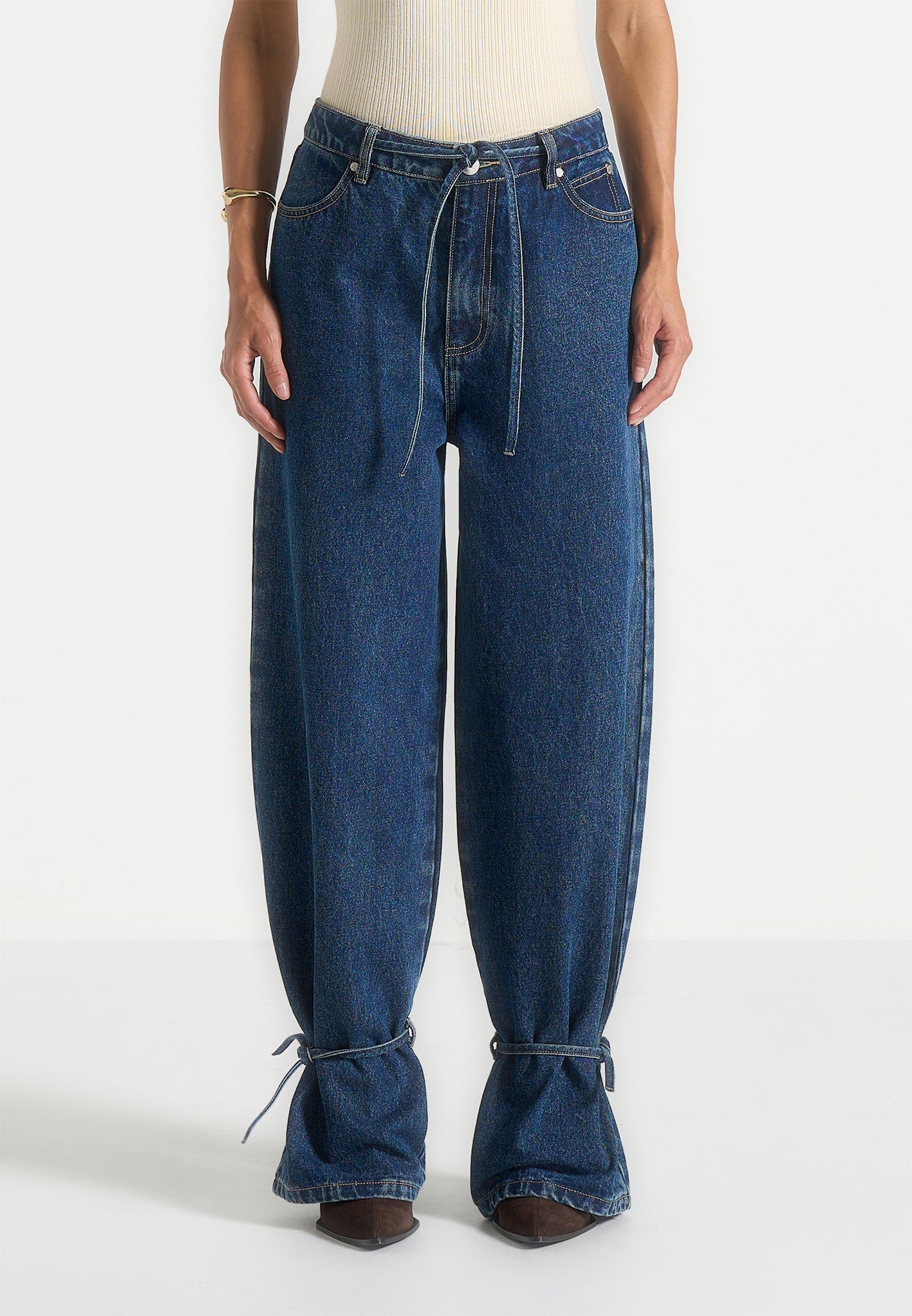 Faye - Wide Mid Rise Jeans With Tie Waist - Indigo
