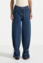 Faye - Wide Mid Rise Jeans With Tie Waist - Indigo