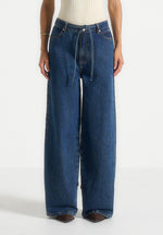 Faye - Wide Mid Rise Jeans With Tie Waist - Indigo
