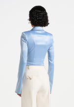 Louise - Wide Shoulder Satin Shirt Bodysuit - Pale Blue