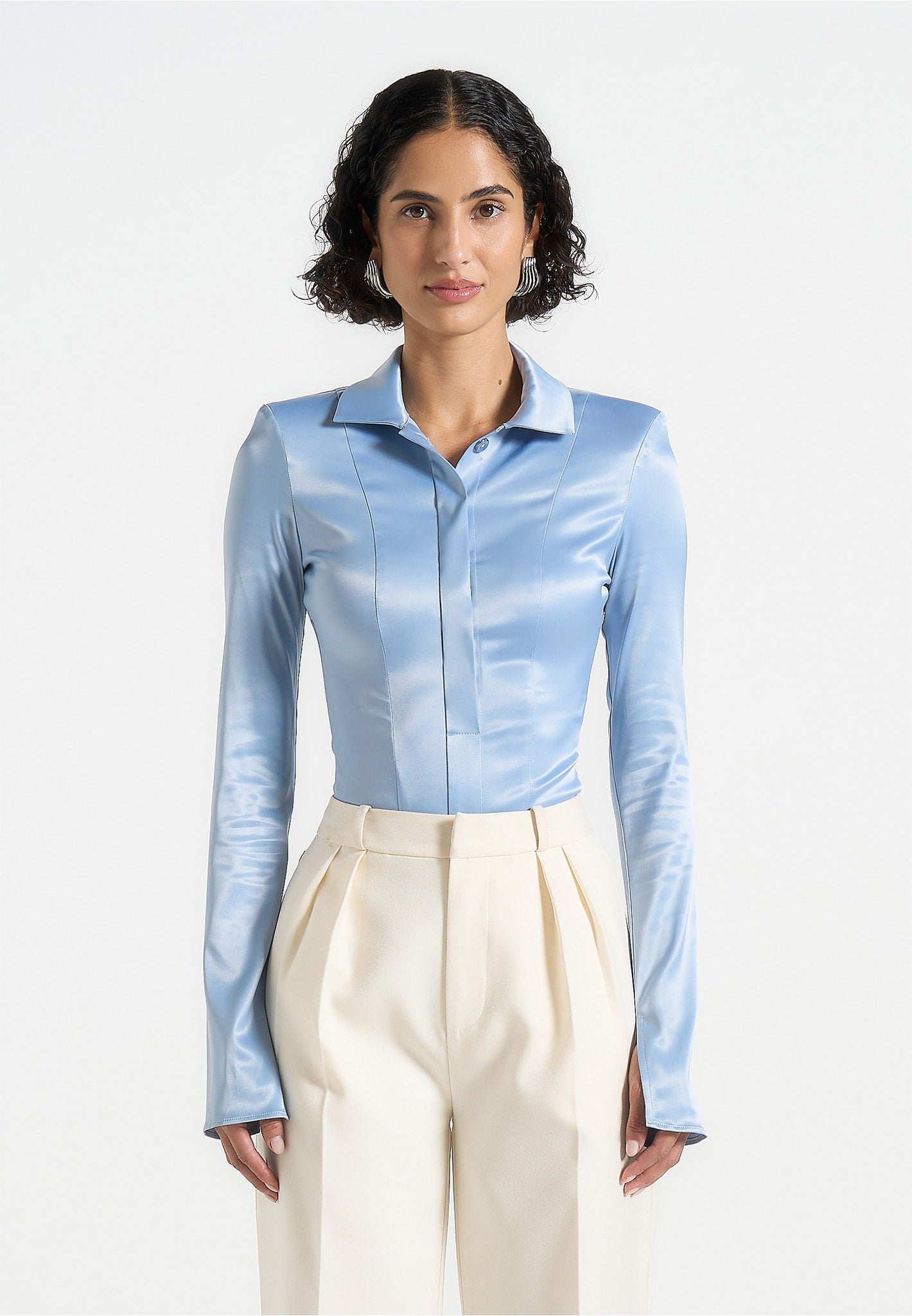 Louise - Wide Shoulder Satin Shirt Bodysuit - Pale Blue