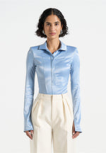 Louise - Wide Shoulder Satin Shirt Bodysuit - Pale Blue