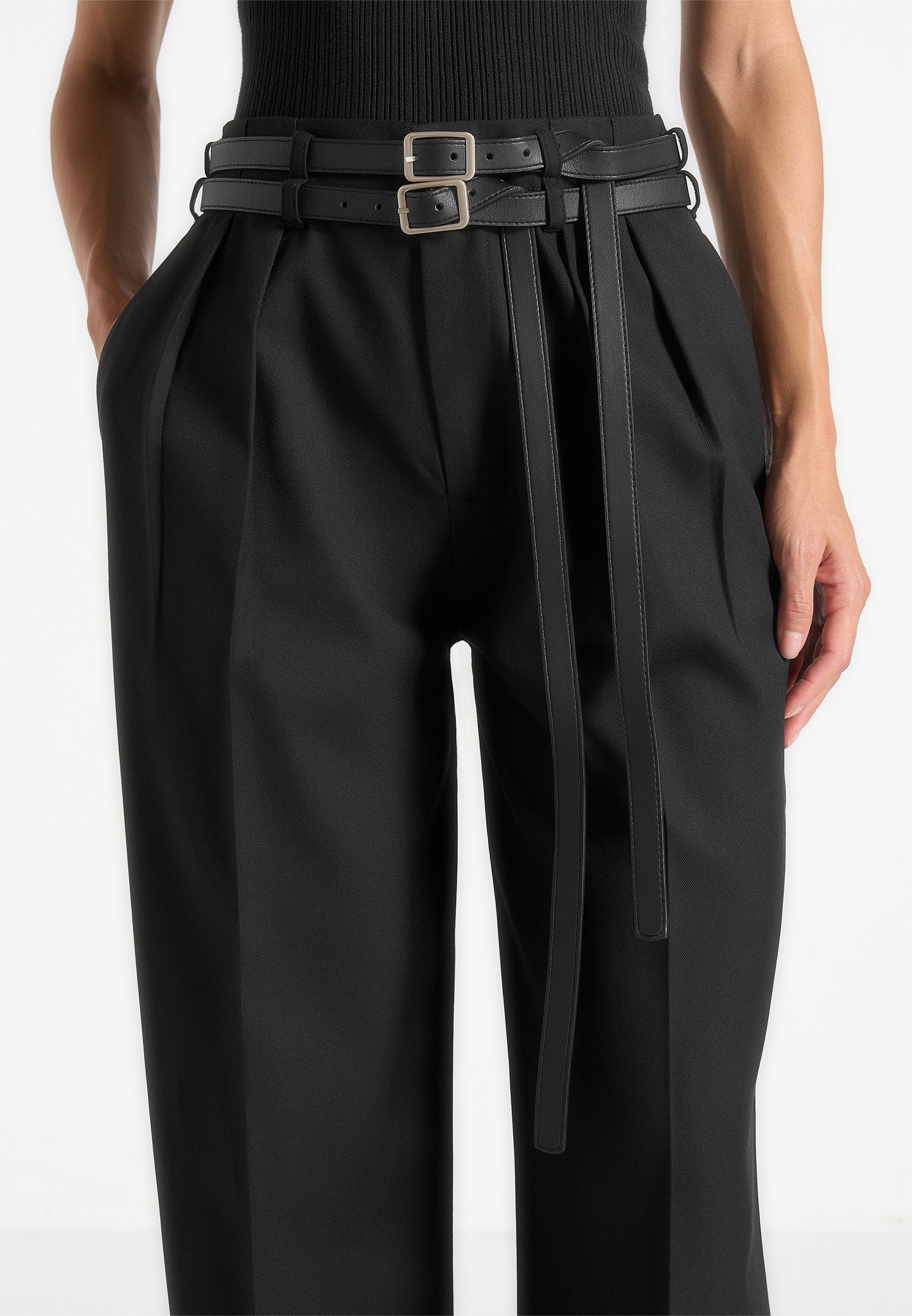 Pascale - Tailored Twin Belt Trousers - Black
