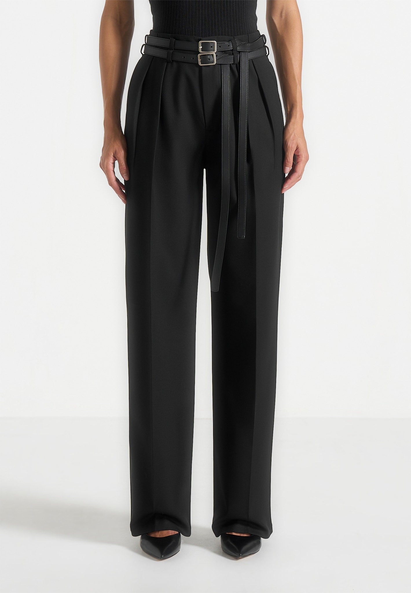 Pascale - Tailored Twin Belt Trousers - Black