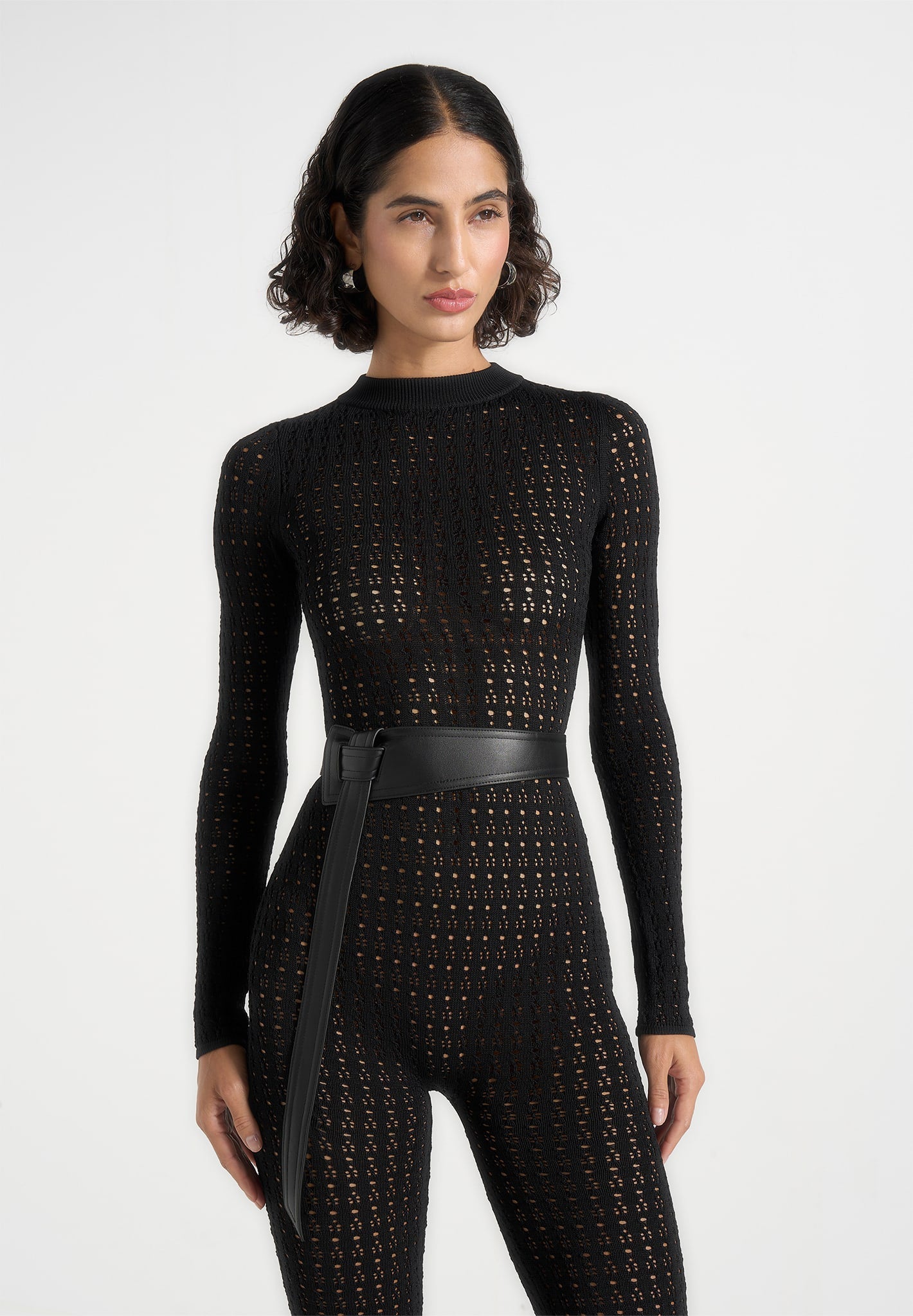 Tiana - Pointelle Knit Long Sleeve Jumpsuit with Belt - Black