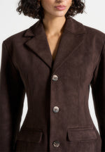 Claire - Suede Wide Shoulder Cinch Waist Blazer - Brown