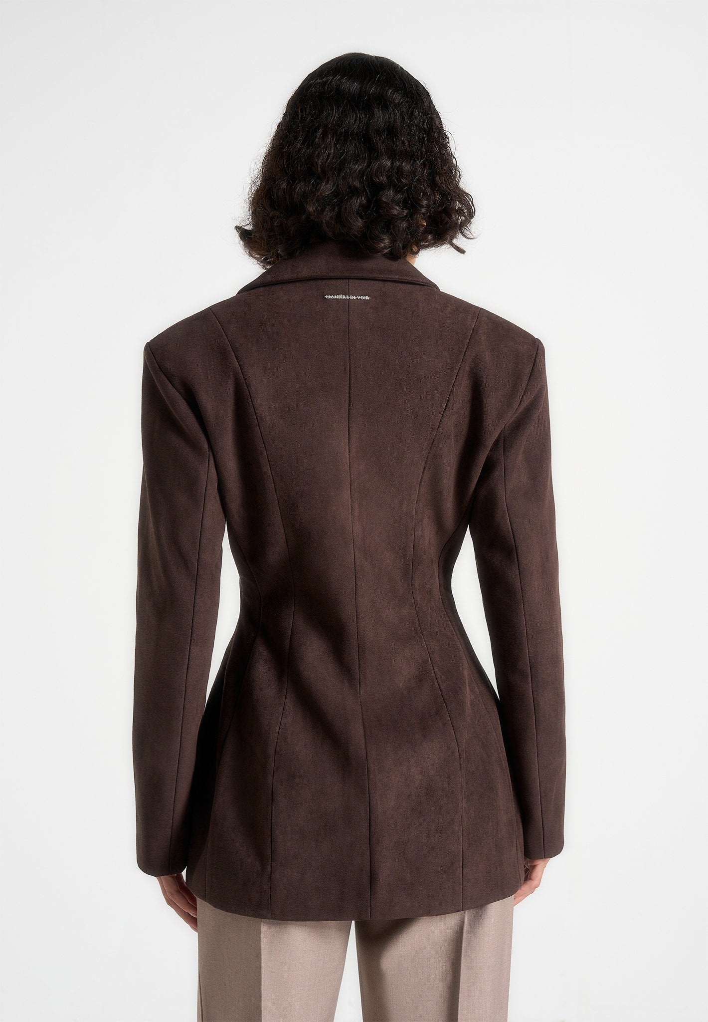 Claire - Suede Wide Shoulder Cinch Waist Blazer - Brown
