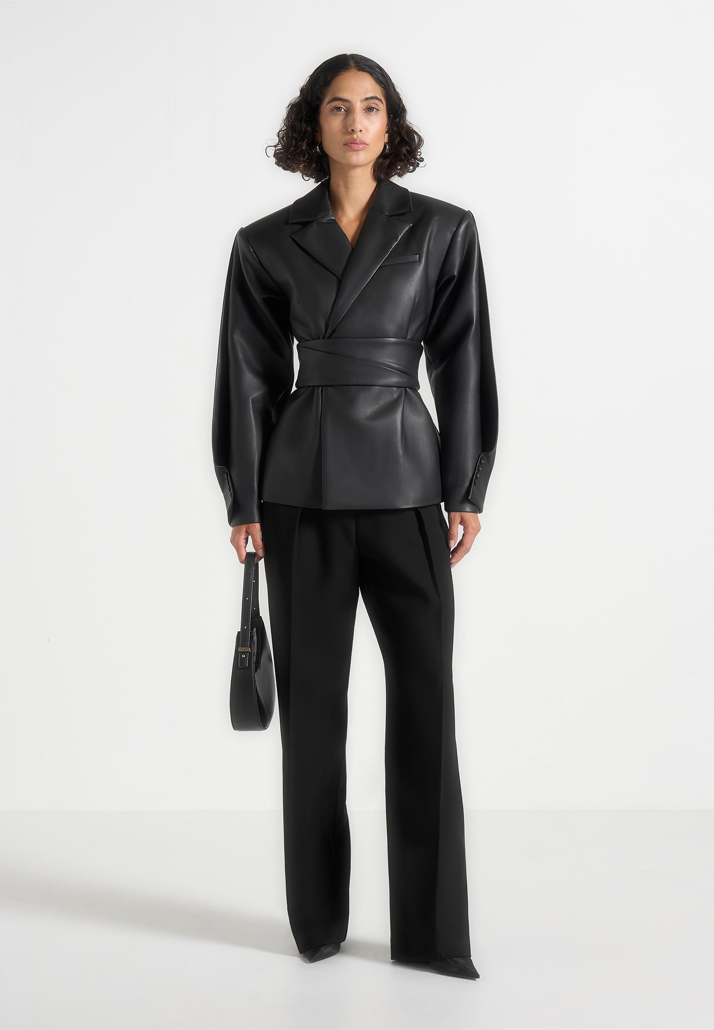 Marie - Twist Sleeve Leather Blazer with Belt - Black