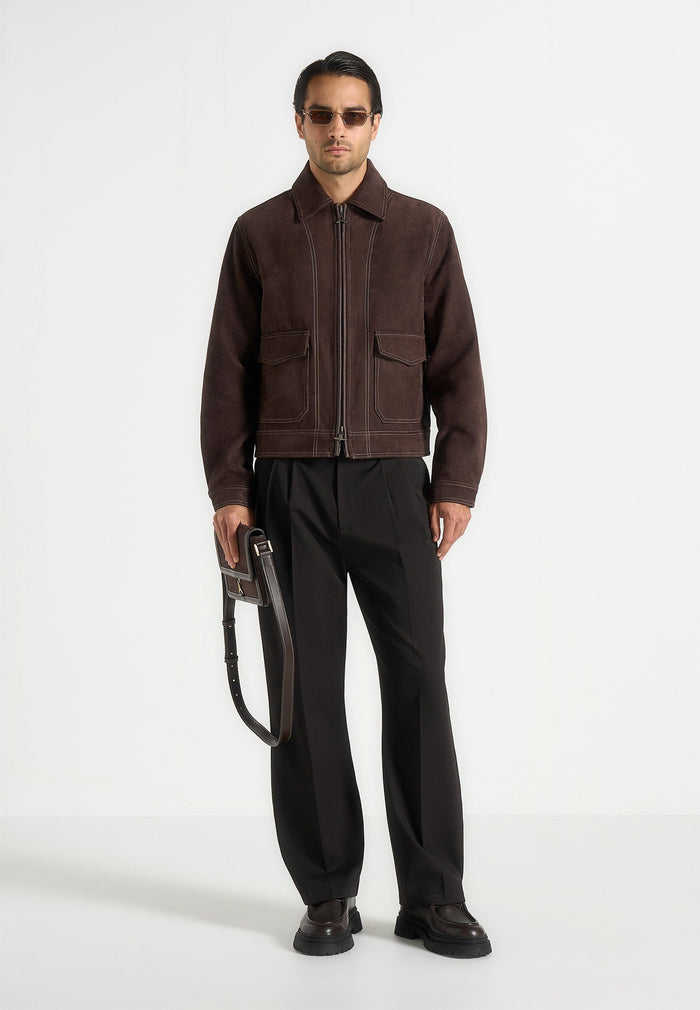 Vince - Suede Contrast Stitch Jacket - Brown