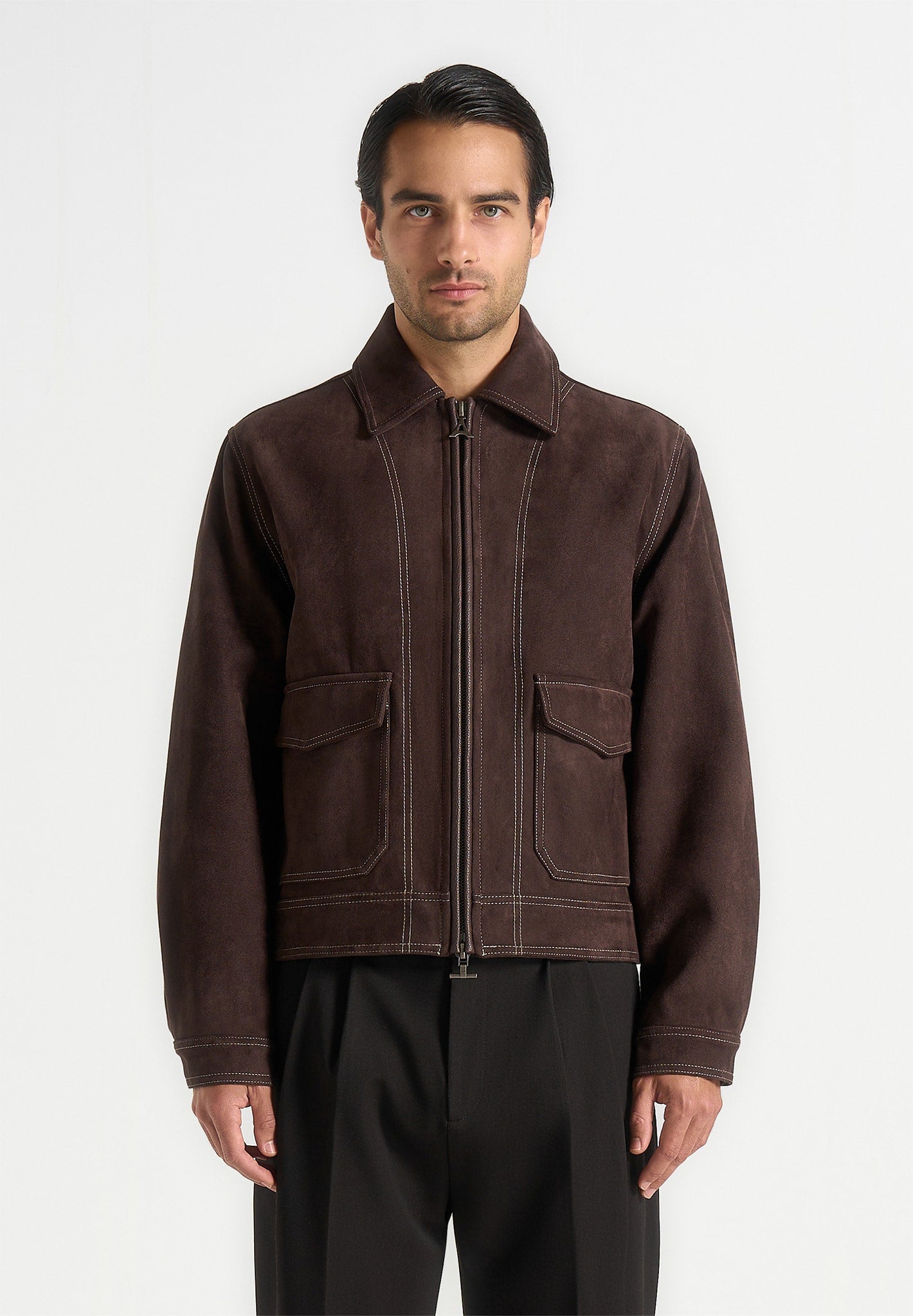 Vince - Suede Contrast Stitch Jacket - Brown