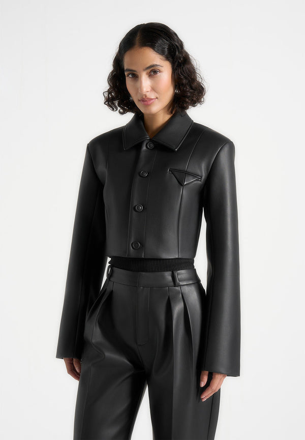 Ania - Wide Shoulder Leather Jacket - Black
