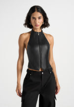 Claudette - Leather Halterneck Backless Top - Black