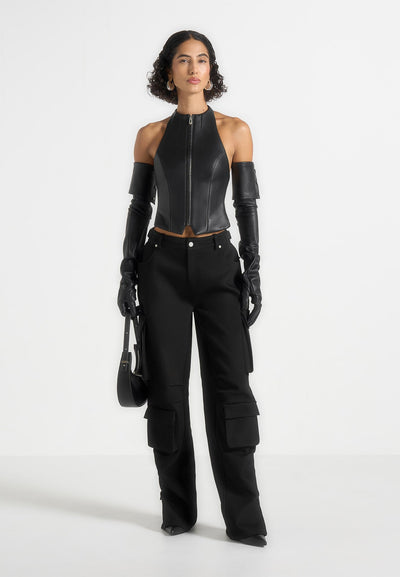 Claudette - Leather Halterneck Backless Top - Black