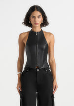 Claudette - Leather Halterneck Backless Top - Black