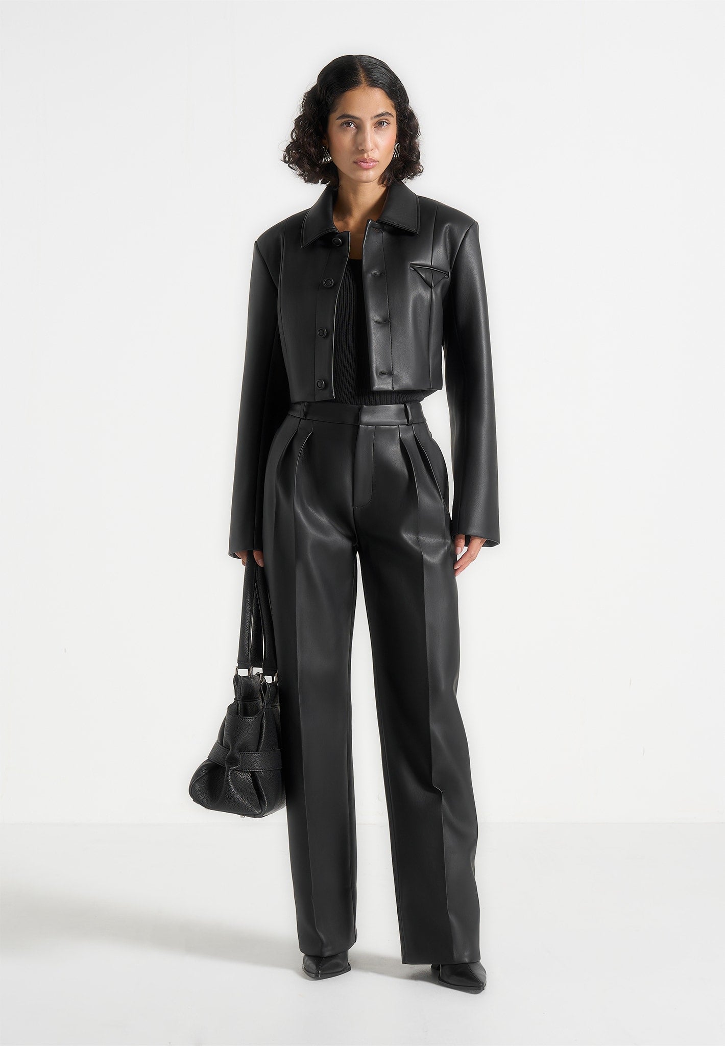 Julie - Leather Twin Pleat Trousers - Black