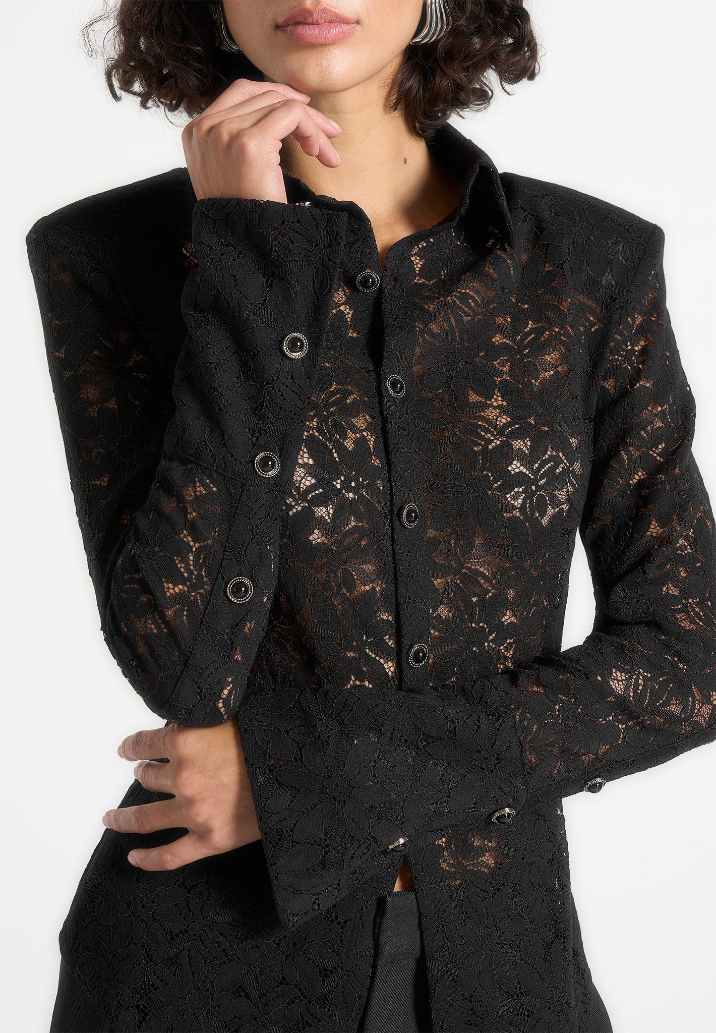 Sila - Wide Shoulder Lace Angled Shirt - Black
