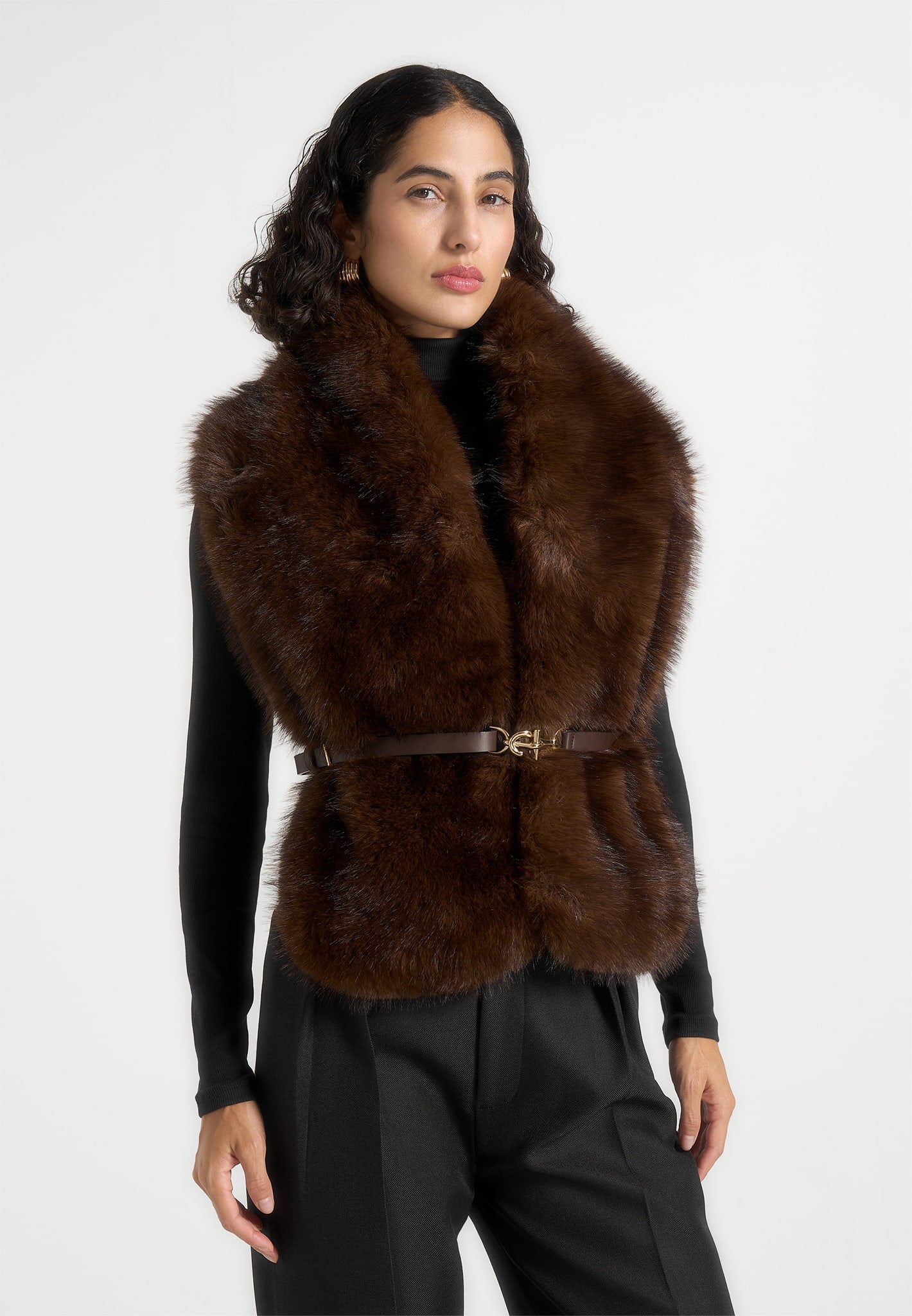 Lira - Fur Gilet With Belt - Dark Brown