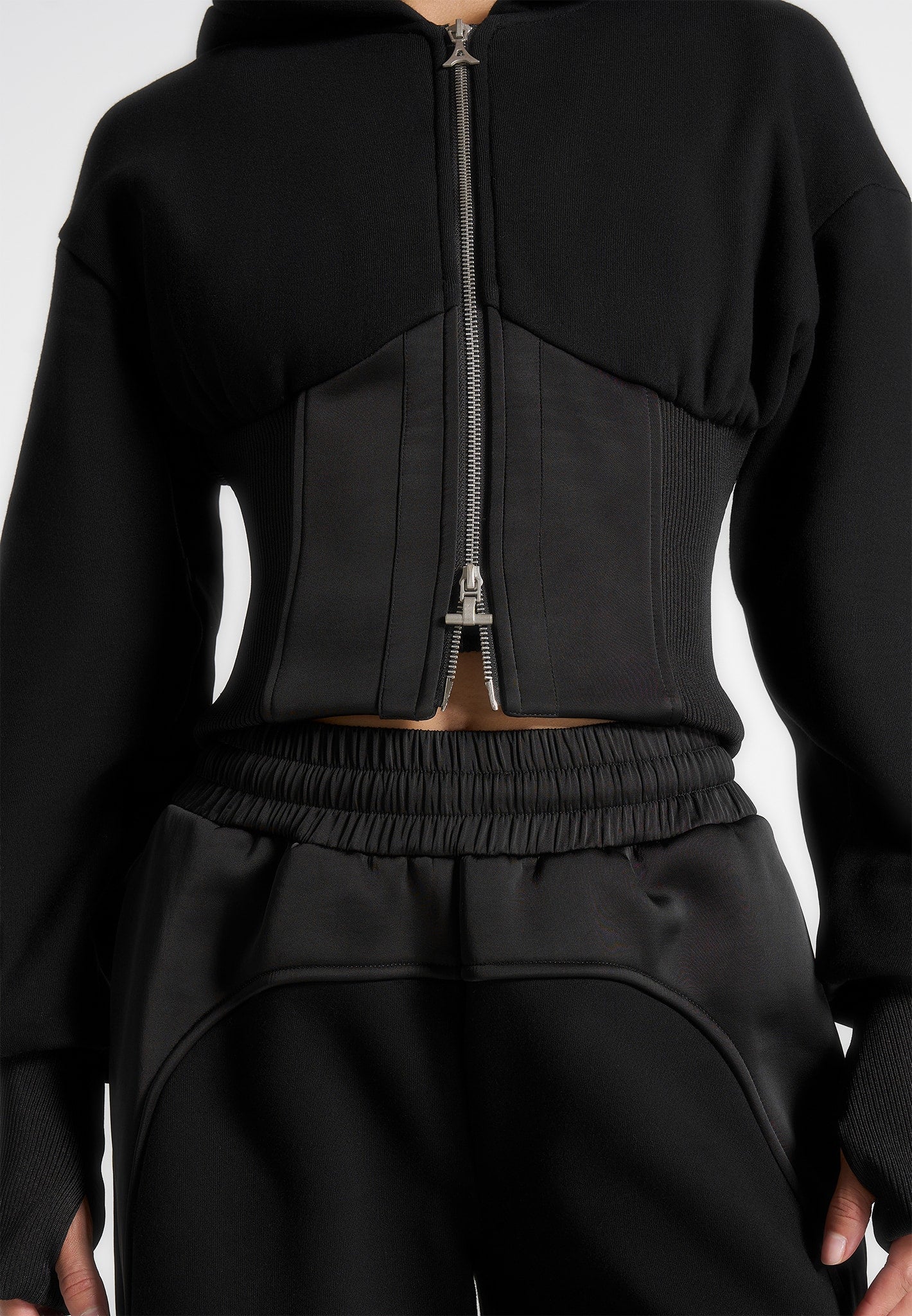 Brune - Corset Jersey And Satin Zip Hoodie - Black