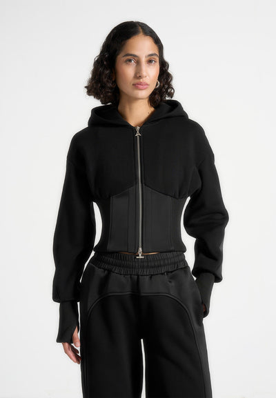 Brune - Corset Jersey And Satin Zip Hoodie - Black