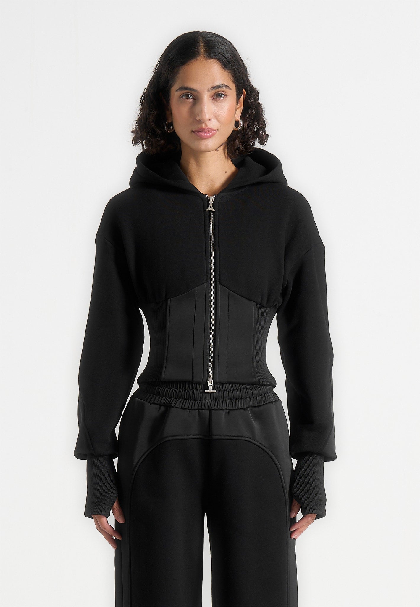 Brune - Corset Jersey And Satin Zip Hoodie - Black