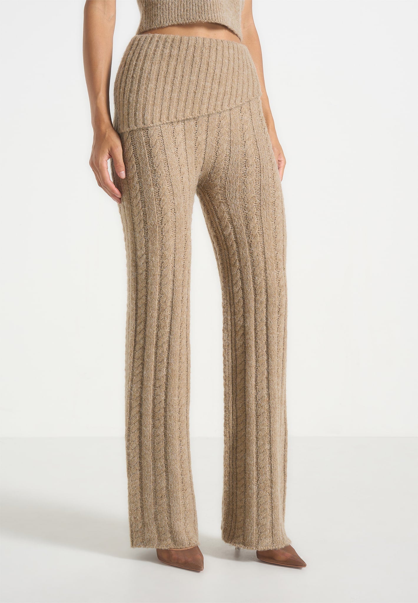 Elvy - Cable Knit Foldover Fit & Flare Bottoms - Taupe