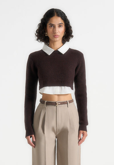 Flavie - Knitted Jumper With Shirt Detail - Brown