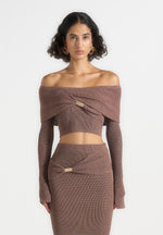 Shana - Asymmetric Bardot Top With Hardware Detail - Taupe
